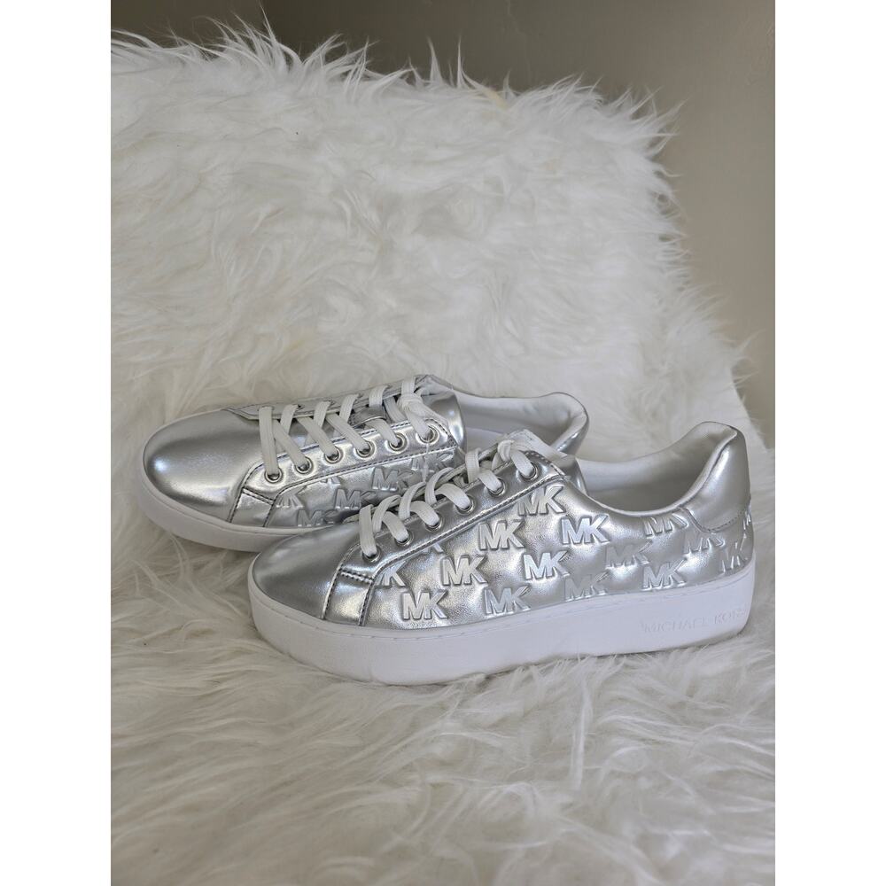 NWOT Limited Edition Michael Kors Silver MK Logo Designer Sneakers Sz 8
